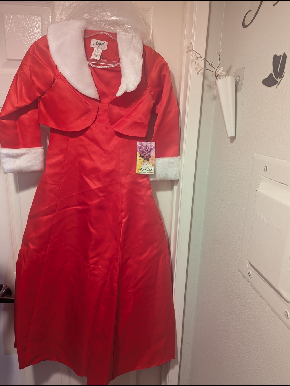 Angel Red Satin Holiday Dress with White Faux Fur Trim